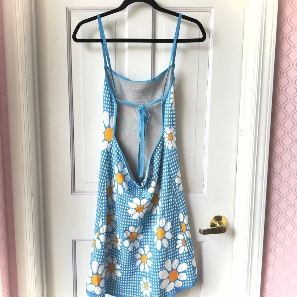Zara Blue Gingham Daisy Knit Mini Dress Size Large - Picture 8 of 12